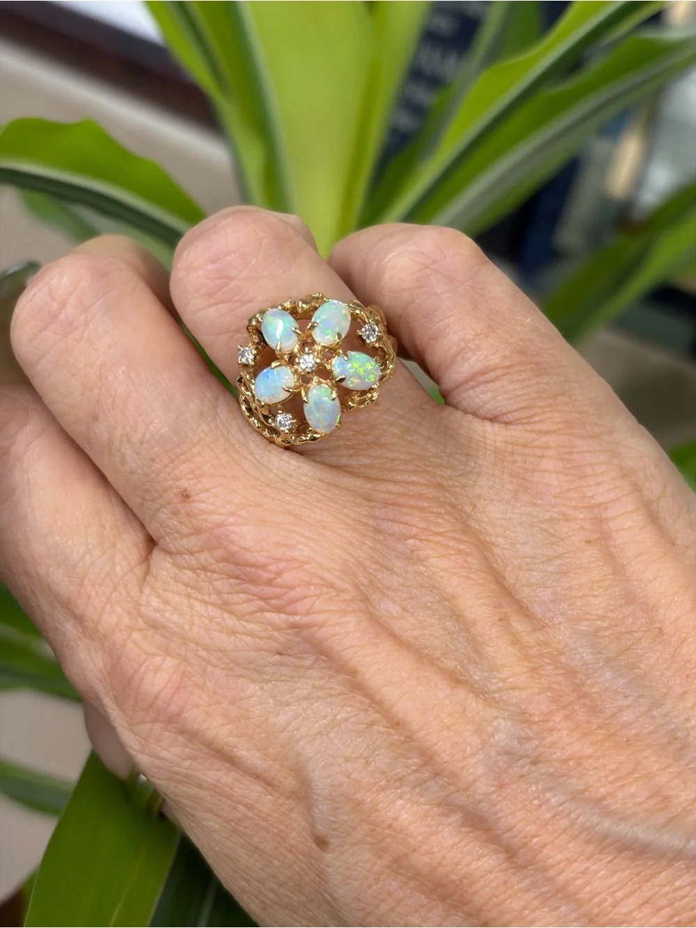 Gold Opal Cluster Ring - White Opal Floral Statement